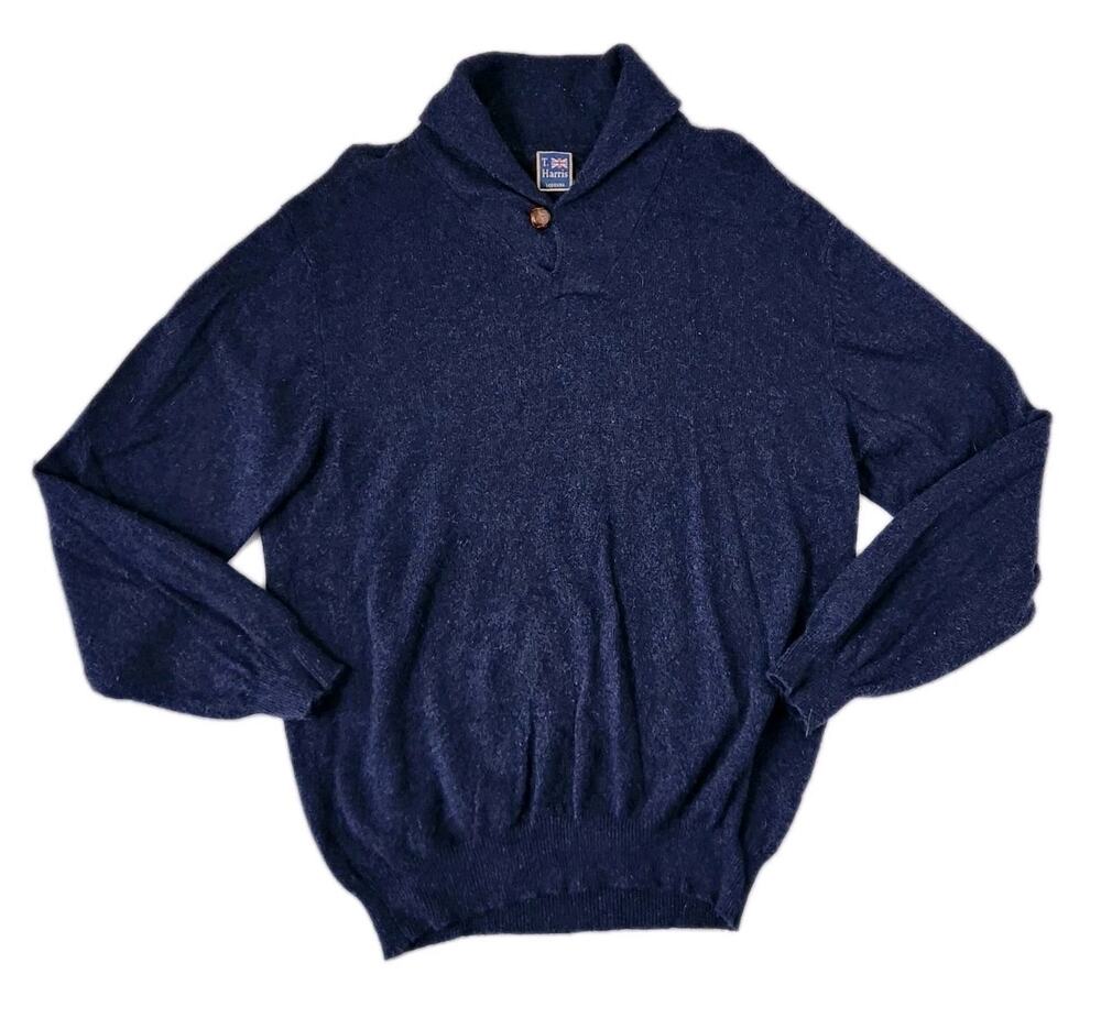 T. Harris London Mens Cashmere Sweater Size L Blue 100% Cashmere Pullover